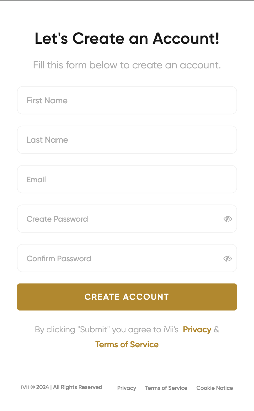 The account creation screen